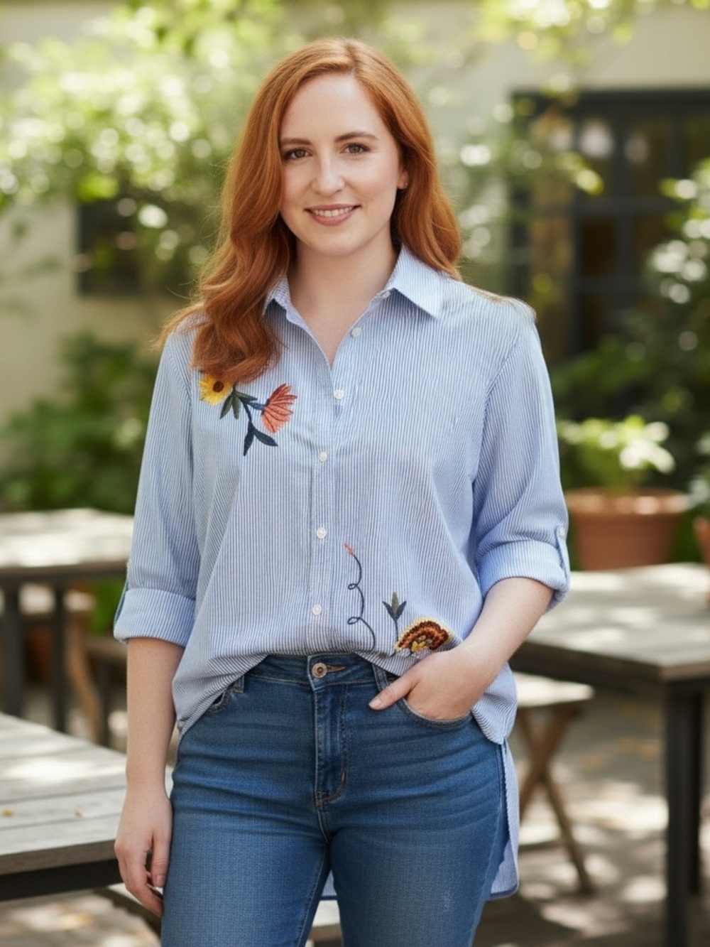 Talbots Blue Pinstriped Button-Down Shirt with Colorful Floral Embroidery XL